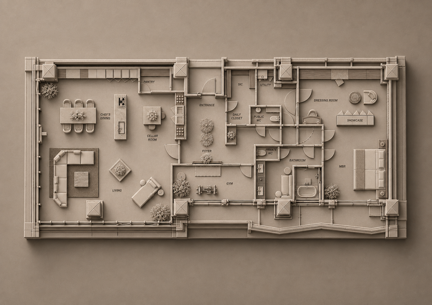 One-tone architectural model plan of the BRANZ TOYOSU penthouse, with room names