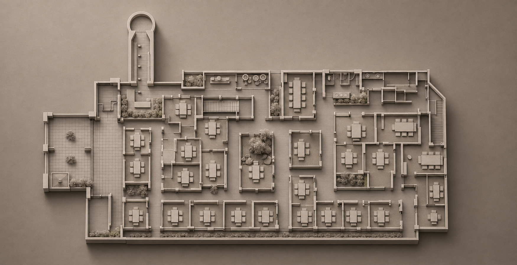 Stylised architectural model plan of the Sansuiro fourth-floor dining rooms